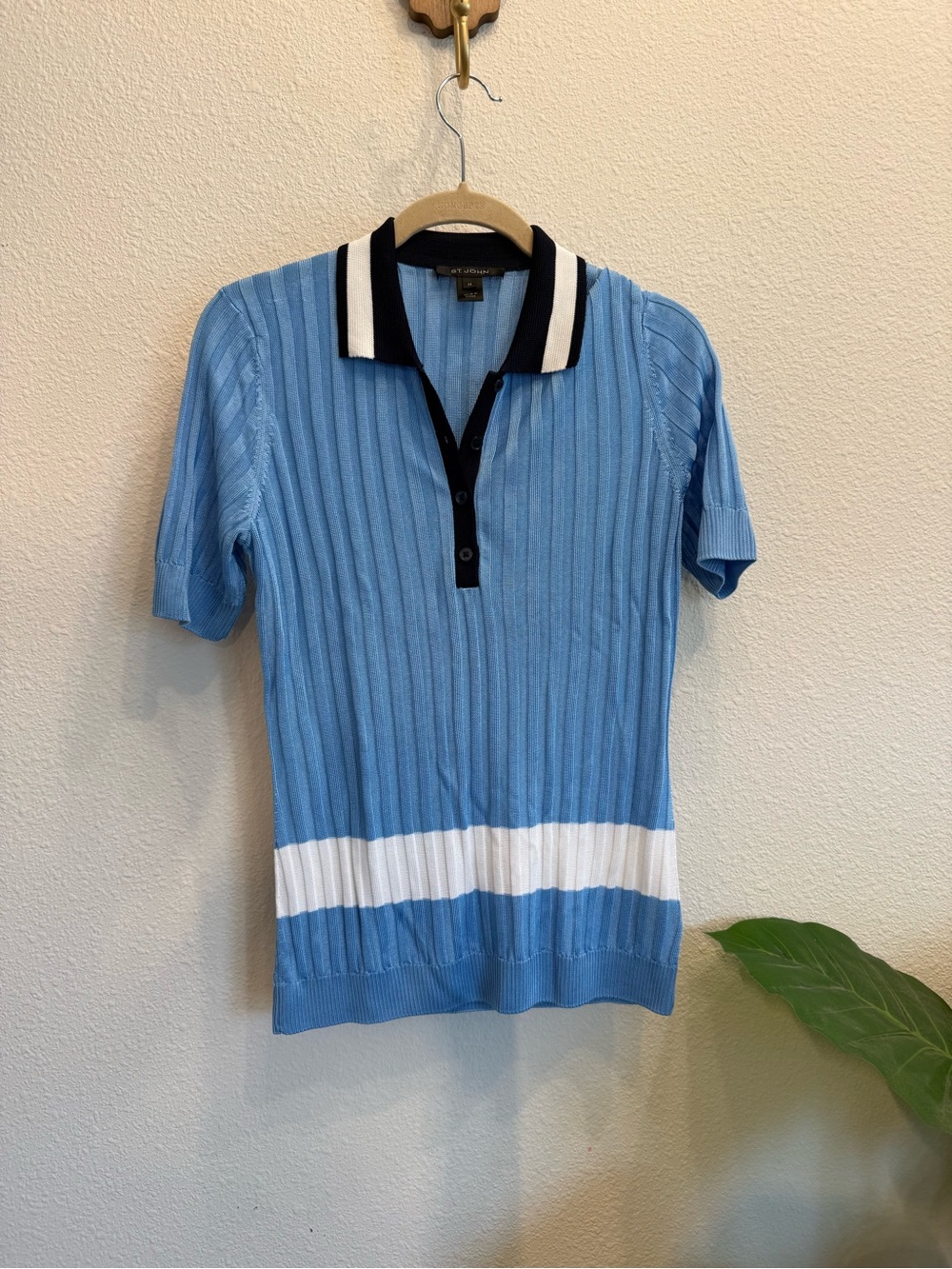 St. John Ribbed Knit Polo Top Blue Short Sleeve XS